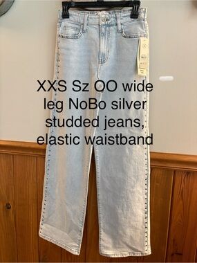 No Boundaries Light Silver Studded Wide Leg Jeans, XXS, NWT, elastic waistband